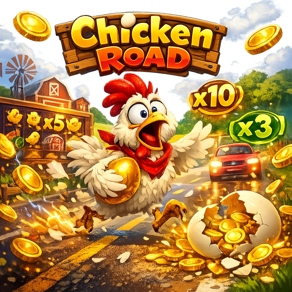 Promotional image for Chicken Road slot game featuring a funny chicken, road lanes, and playful elements.